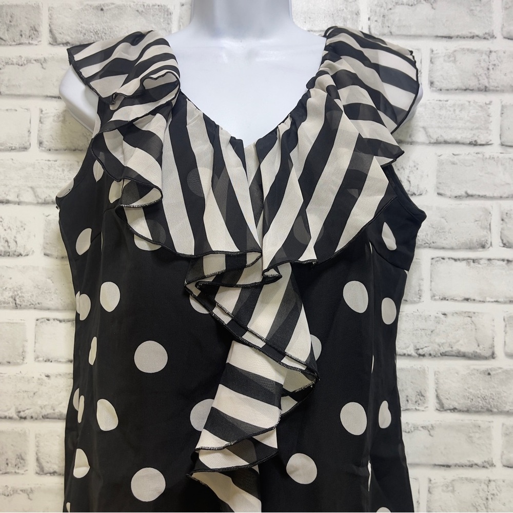Milano Sleeveless Mixed Back White Pattern Ruffled Neck Blouse Small - Picture 2 of 10